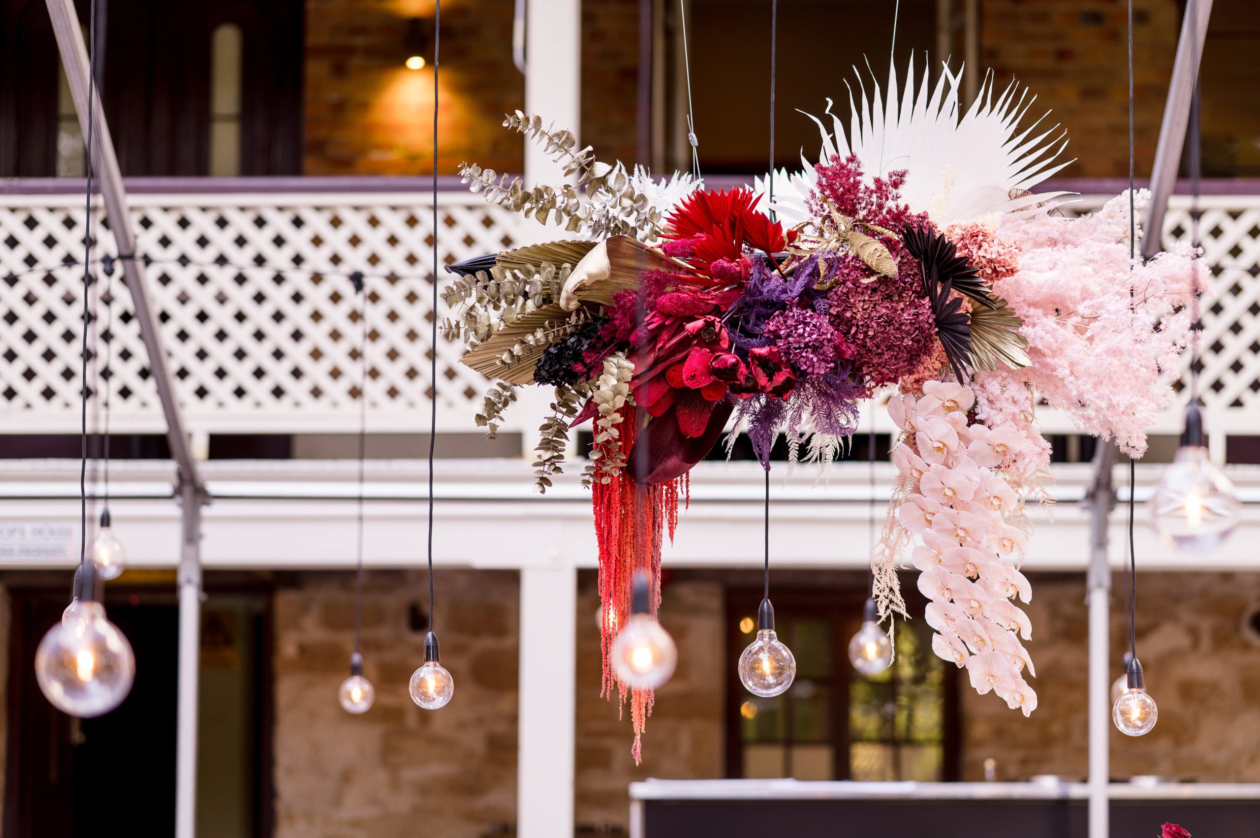 Pink and purple florals with hanging pendants